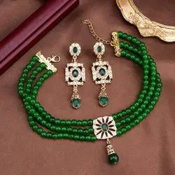 Sunspicems Arabic Style Hand Beads Chain Choker Necklace Dangler Earring For Women Morocco Bridal Jewelry Set Crystal Gold Color