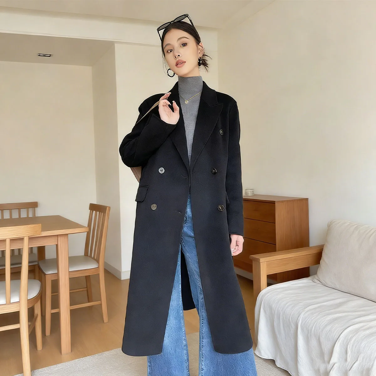 

Новое женское пальто из 100% шерсти с острым воротником и двухрядными пуговицами, осенне-зимняя длинная ветровка.