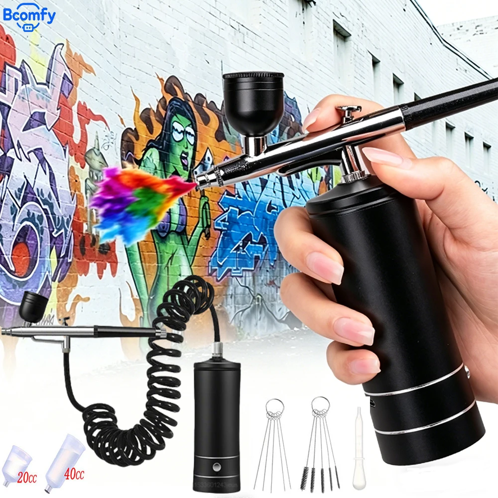 Airbrush with Compressor Rechargeable Cordless Airbrush Nail with Cleaning Brush Set for Makeup Barber Nail Art Cake Decoration