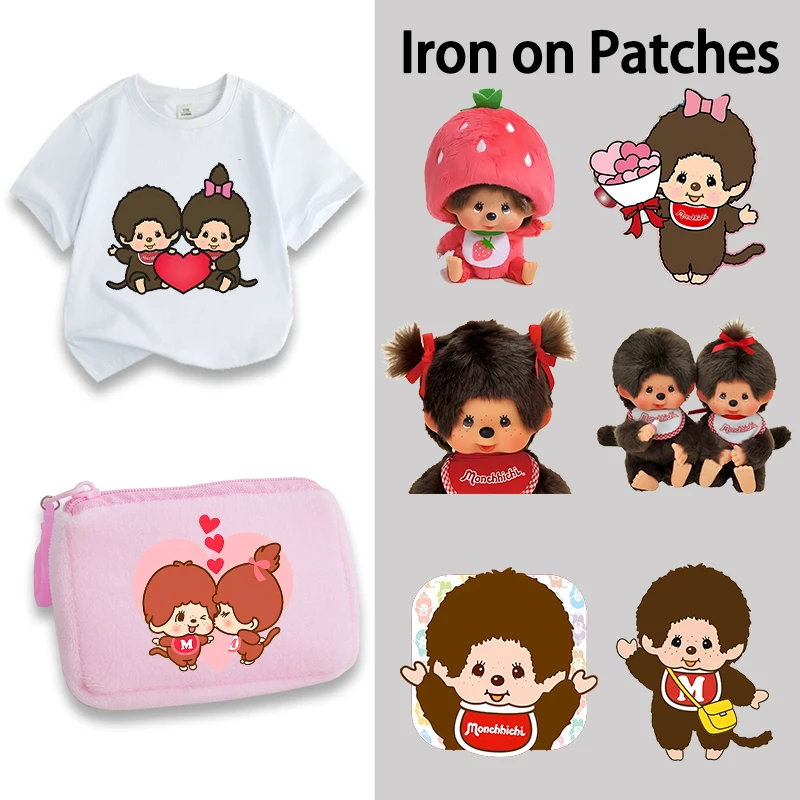 Cute Monchhichis Iron on Patches Cartoon T-shirt Print Fashion Heat Transfer Sticker Boys Girl Birthday Gifts DIY Clothes Decals