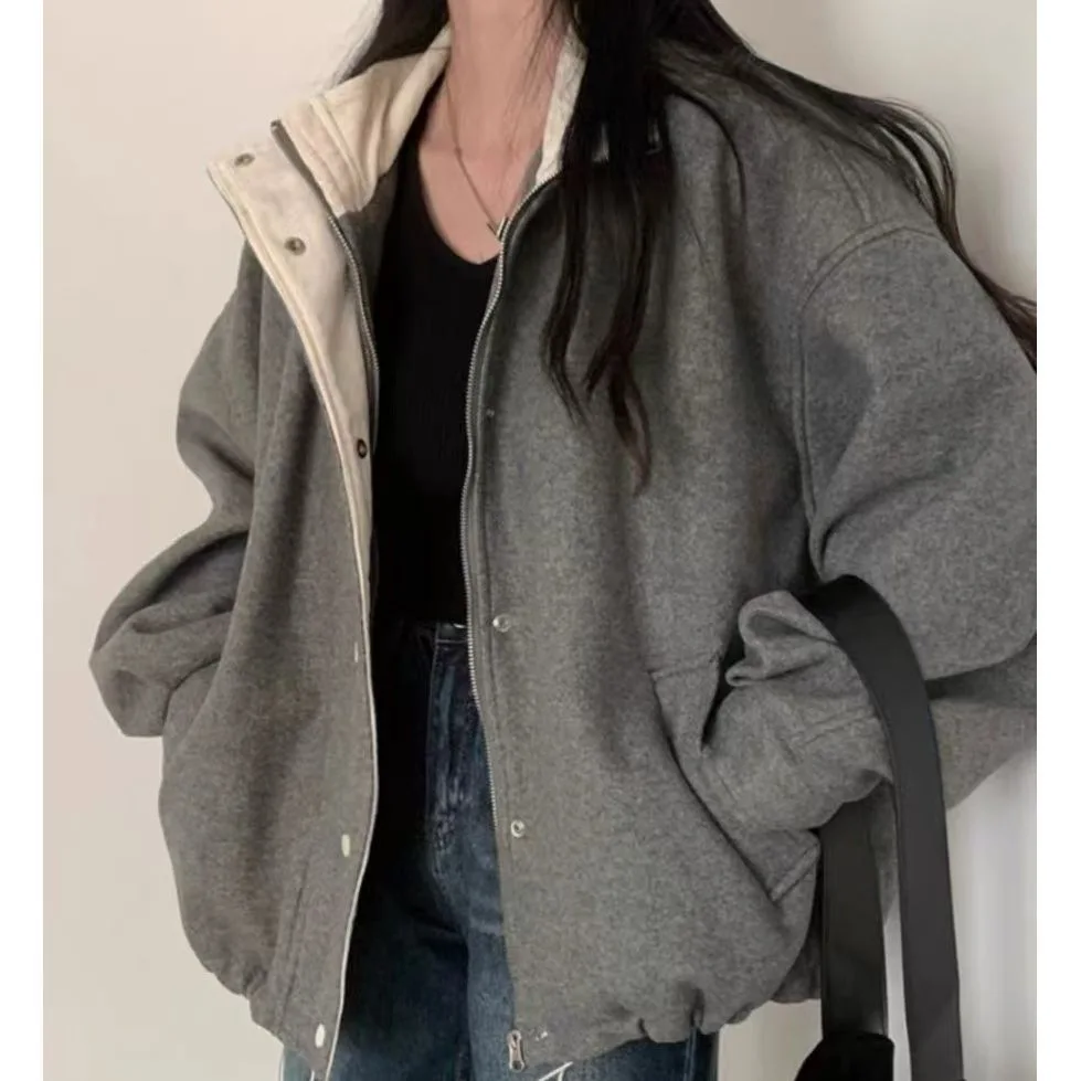

Top French Retro Grey Woolen Coat for Women 2025 Spring New Style Loose Jacket Baseball Coat Top