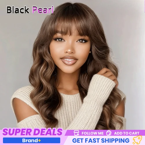 Peluca ondulada con flequillo, parte superior de perla negra, moda, marrón, resaltado, las mejores pelucas de cabello humano 100% Remy brasileño de 180% de densidad con flequillo