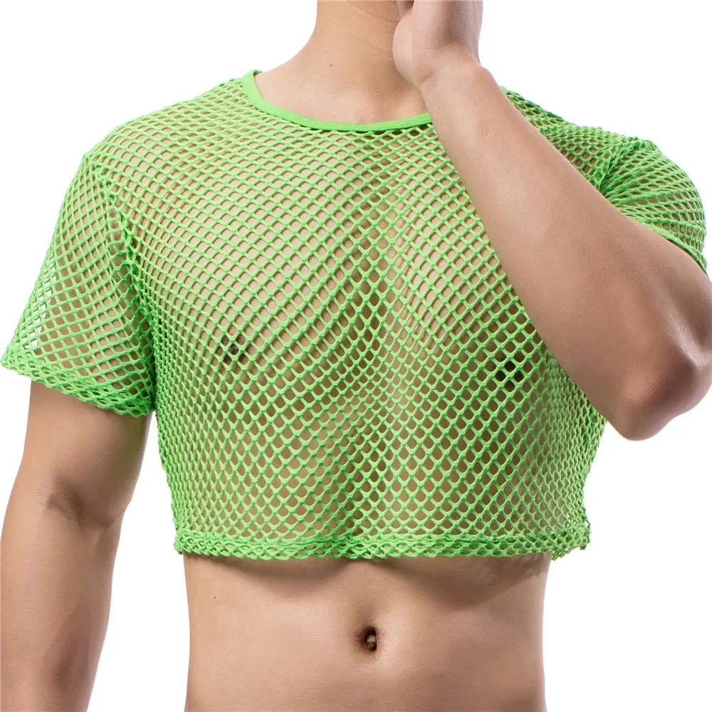 FYXLJJ Sexy Mens Hollow Out Fishnet Undershirts Sexy See Through Mesh Tops Male T Shirts Sport Fitness Vests Nightclub Sheer Top