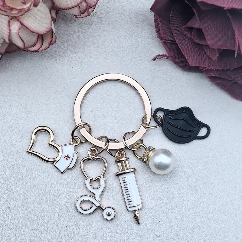 Classic Medical Series Key Chains Metal Syringe Stethoscope Mask Nurse Cap Pendant Car Keyring Accessories Doctor Souvenir Gift