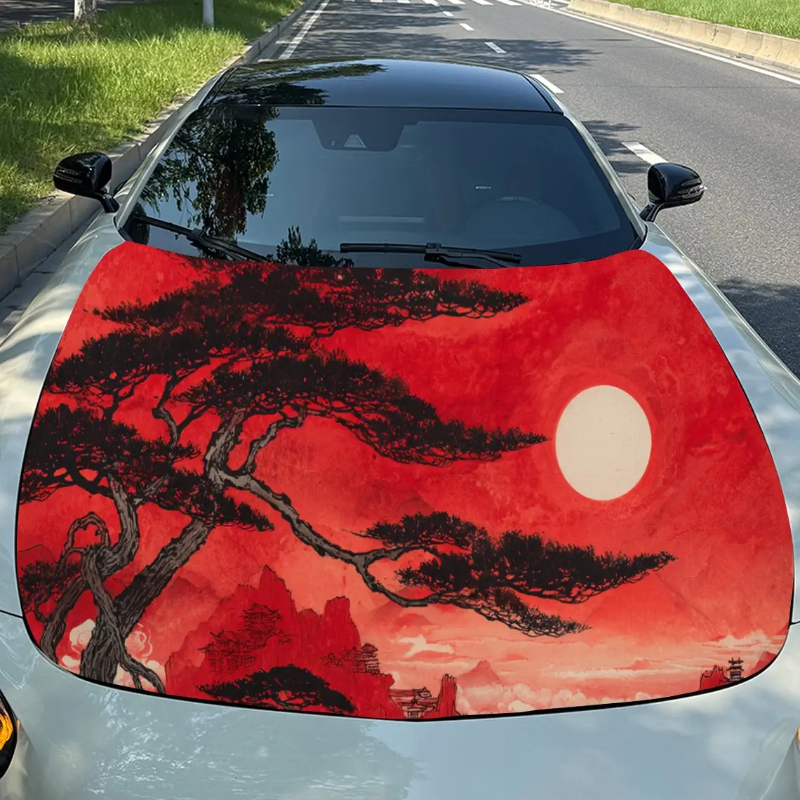 

Red Japanese Landscape PVC Car Engine Hood Vinyl Wraps, Self-Adhesive Waterproof Car Hood Decal Sticker, Car Decoration Protecti