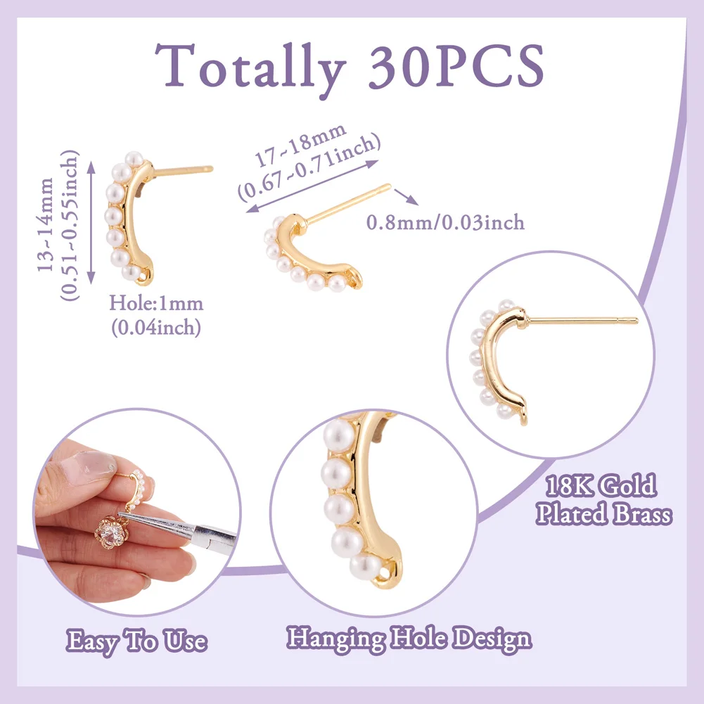 30pcs Brass Stud Earring Findings With ABS Plastic Imitation Pearl Beads for Women Earrings DIY Jewelry Making view 2