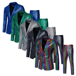 2024 New Men Rainbow Plaid Suit 2 Piece Gold / Silver Fashion Male Luxury Dance Party Performance Thin Blazer Jacket and Pants