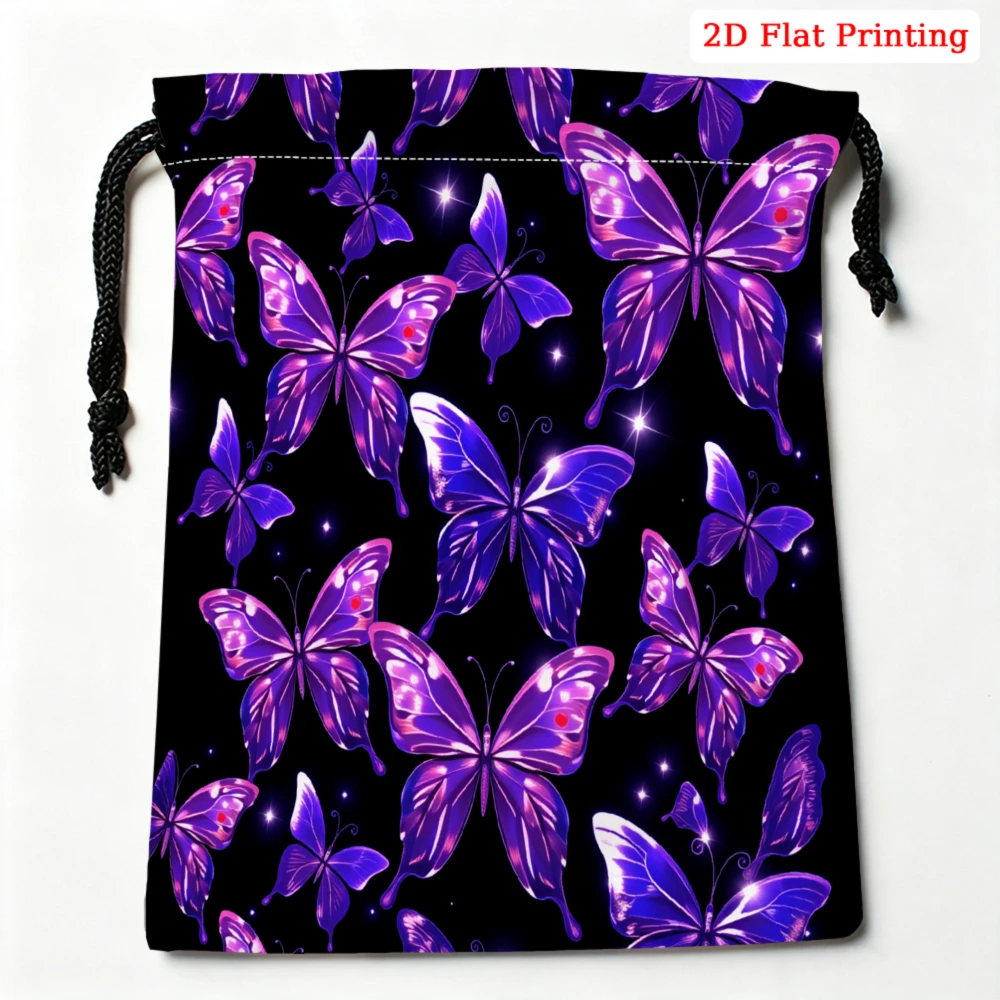 1Pc Purple Butterfly Print Drawstring Bag Black Storage Small Pouch For Glasses Cosmetics Travel Organizer Portable Gift