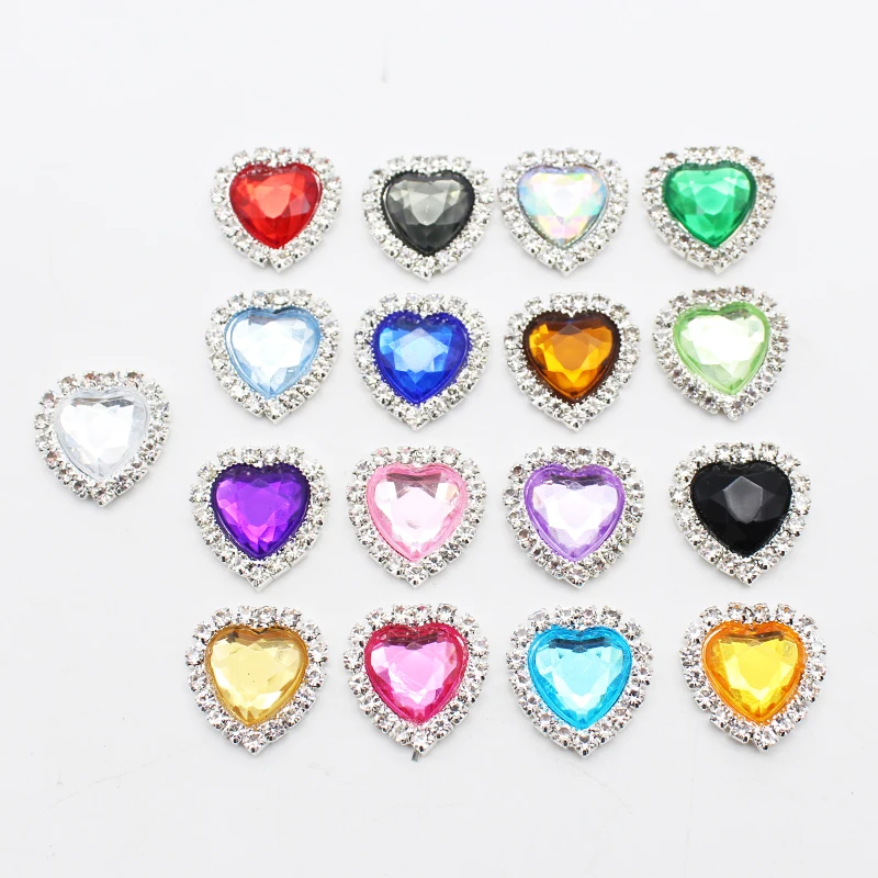 10pcs 20mm argento metallo cuore acrilico strass ornamento fai da te fondo piatto decorazione di cerimonia nuziale accessori per il cucito