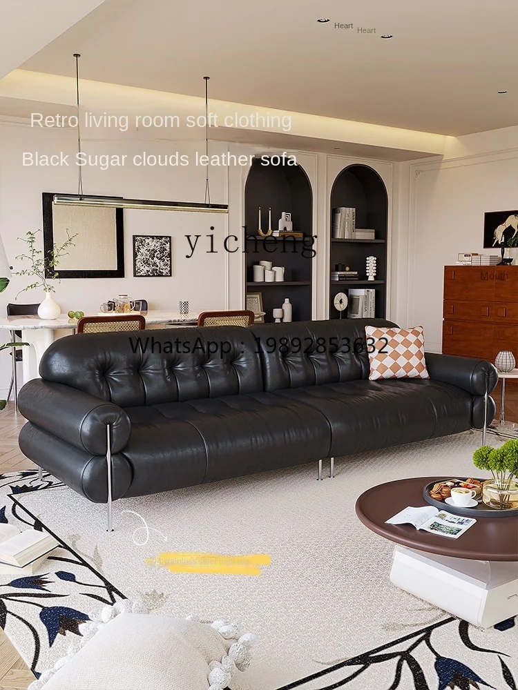 ZZZf Retro Genuine Leather Sofa Living Room New Chinese Style Straight Row High Leg Brown Sugar Cloud Sofa