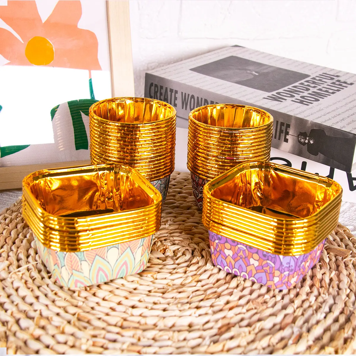 Ouro Cupcake Wrappers para o Ramadan Party Decor, Eid Mubarak, Folha Padrão Muçulmano, Muffin Baking, Wrappers Holder, Decoração do partido islâmico, 50pcs