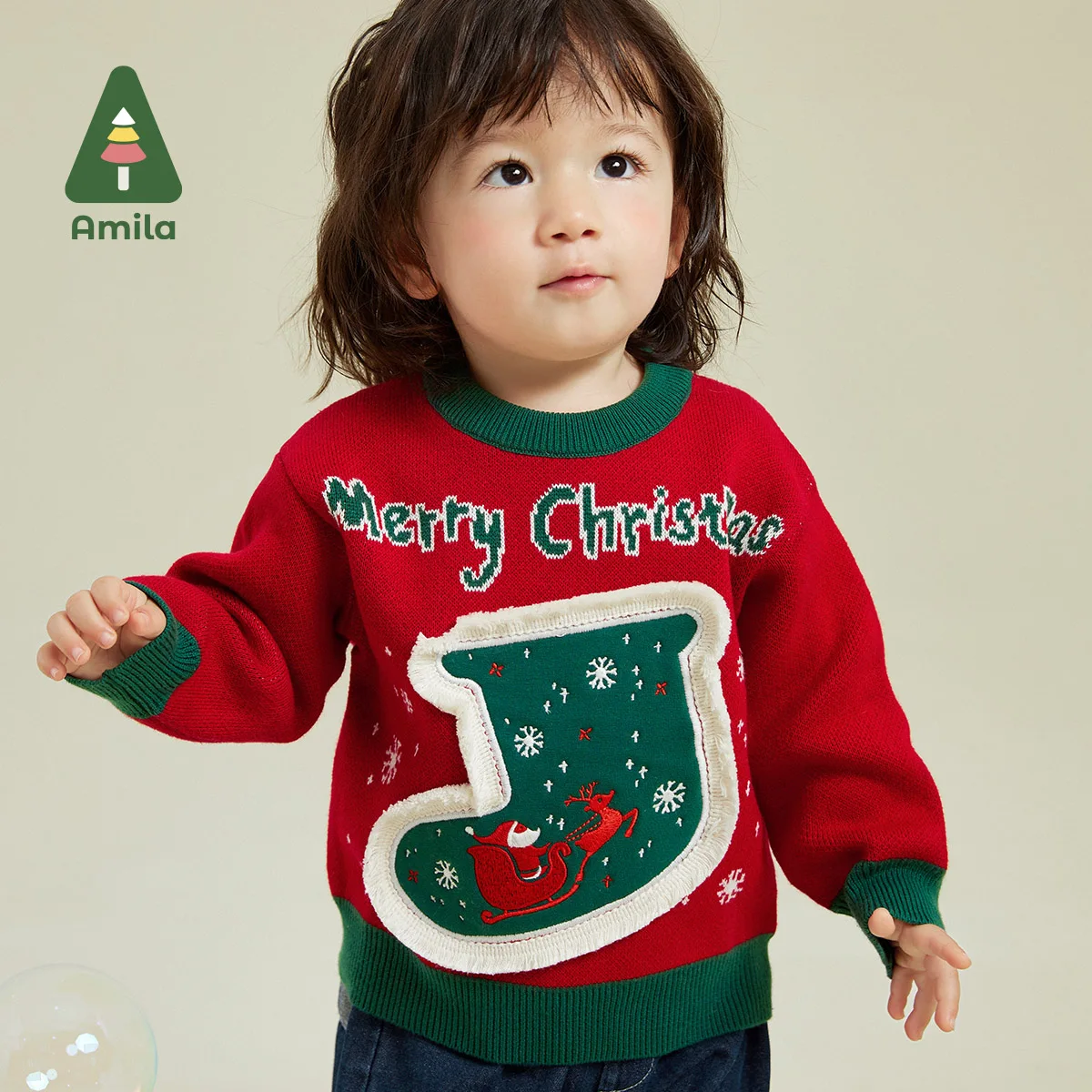 

Amila Baby Children Sweaters 2023 Winter New Mock turtleneck Embroidery Christmas Color Blocking Warm Baby Clothing