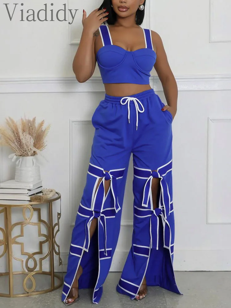 

Женский сексуальный однотонный топ на бретельках и широкие брюки с высокой талией, комплект из 2 предметов