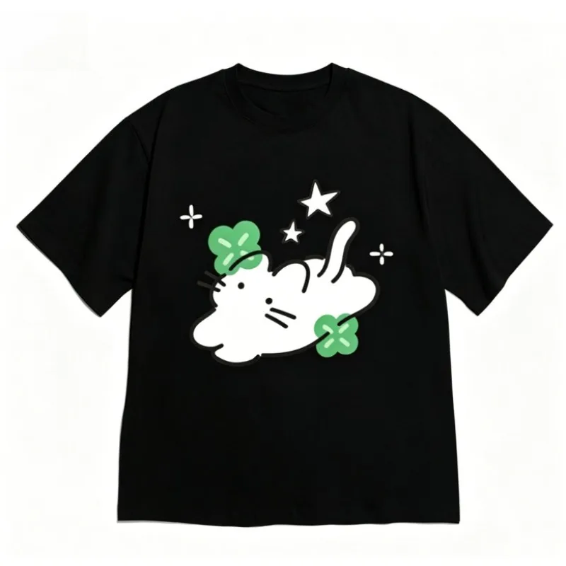 Y2k Aesthetic Clover Accents Cat Tshirt for Women Minimalist Short Sleeve Casual Versatile Clothes with Many Korean Reviews Able