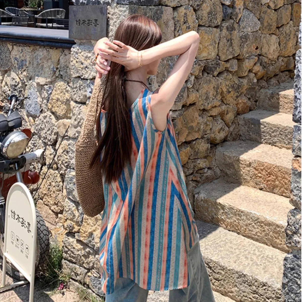 سترة نسائية صيفية بتصميم فريد من نوعه ميدي دكتور مخططة بألوان متباينة Dr Commute Sle مستديرة Ne A-Line