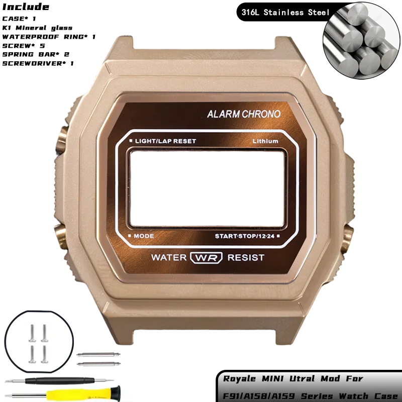 Royale Ultra Mod für CASIO F-91/A158/A159 Uhrengehäuse 316L Edelstahl K1 Mineral Poliert Gebürstetes Mattes Gehäuse Sunray Zifferblatt-Set – Detail 15