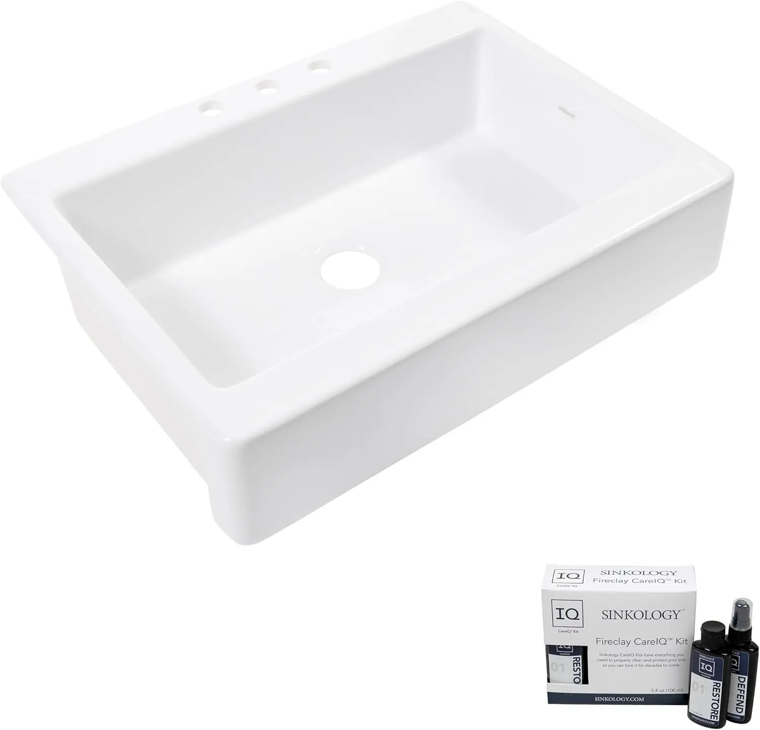 

Parker Crisp White Fireclay 34"" Single Bowl Quick-Fit Drop-In Farmhouse Apron Front Traditional-Style Kitchen Sink With Care