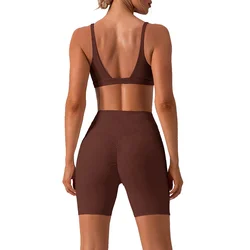 Women Stretchy Soft Compression V Cut Scrunch Yoga Shorts and Bra Set Sexy Summer Outdoor Mountain Running Exercise Yoga Set