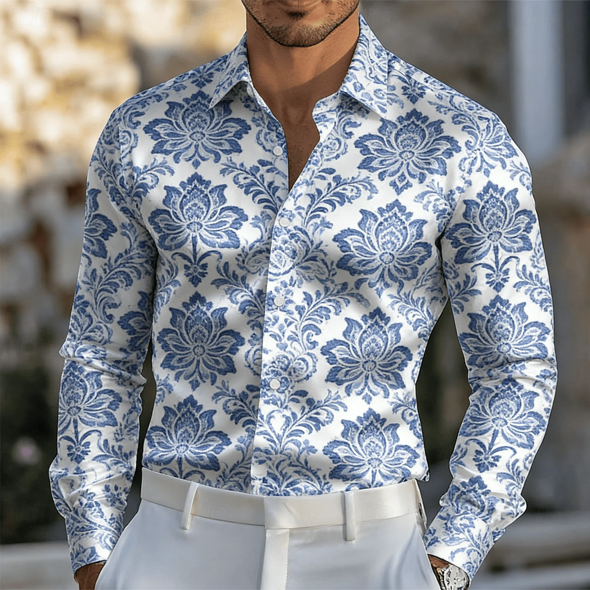 

Men's Blue White Porcelain Style Floral Lapel Shirt, Spring Summer Elegant Casual Top, Vintage Baroque