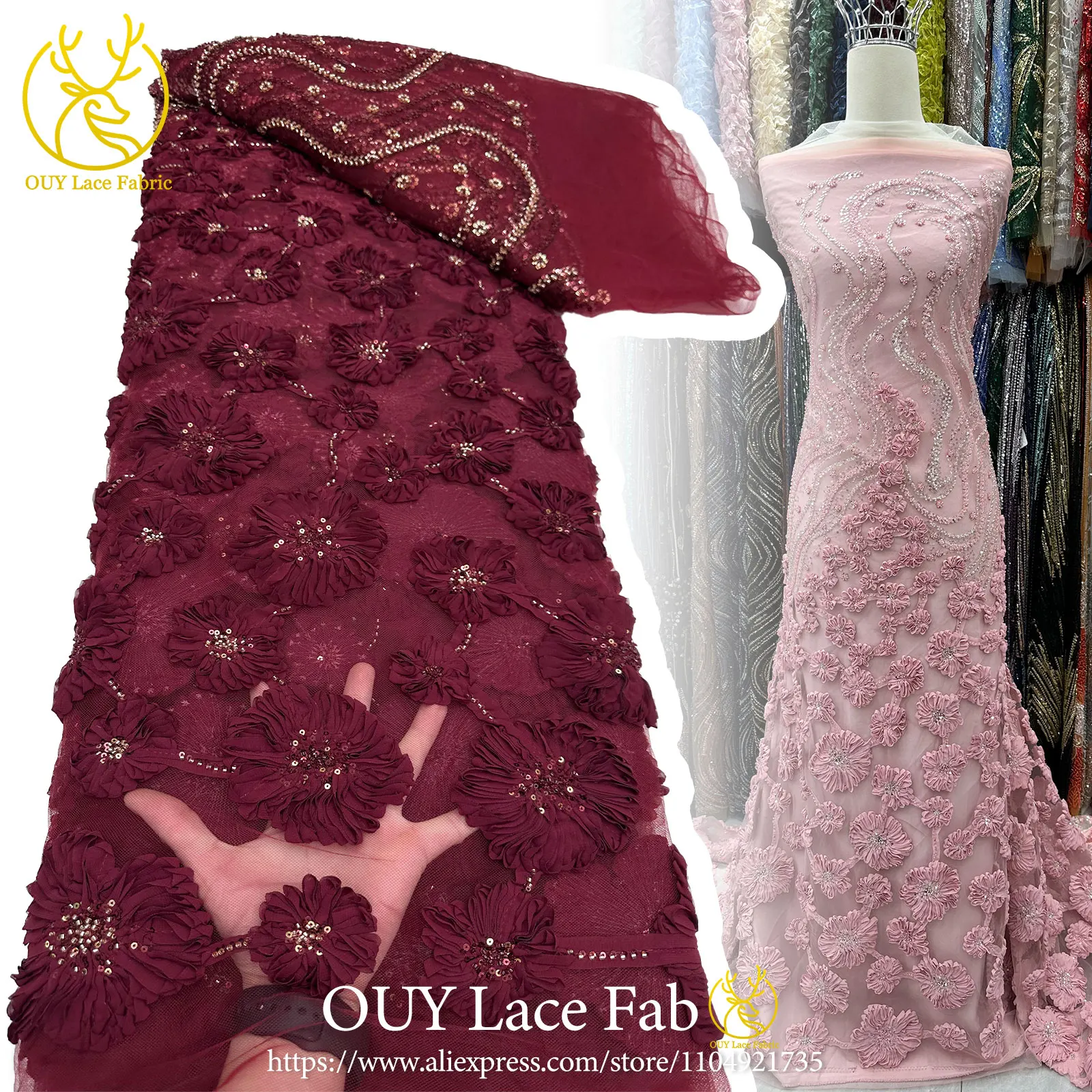 

Burgundy 3D Lace African Beaded Lace Fabric 5 Yards Nigerian Tulle Sequined Lace Fabric Party Women's Wedding Dress Sewing