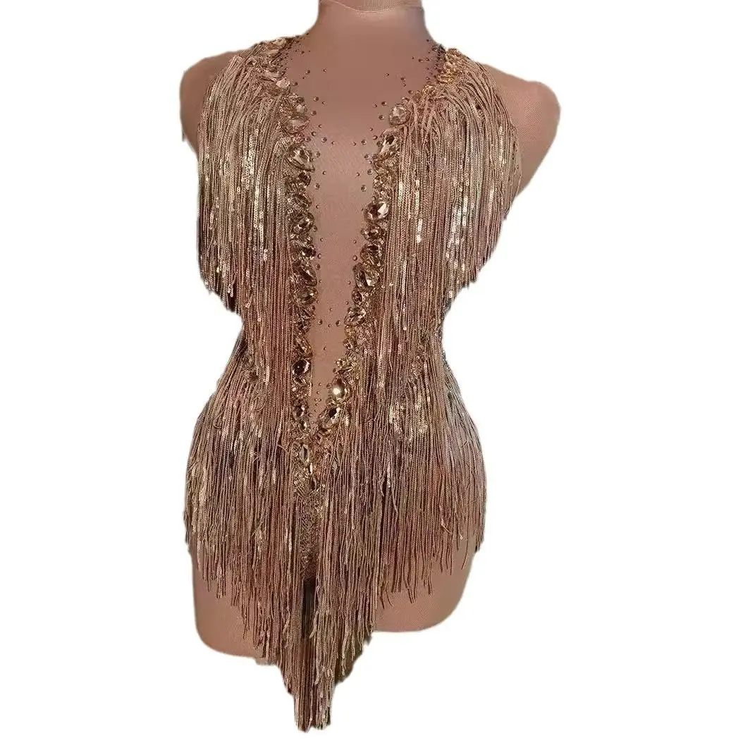 

Sparkly Crystals Fringes Bodysuit Sexy Tassel Leotard Jazz Dance Costume One-piece Stage Wear Dancer Performance Show Clothing