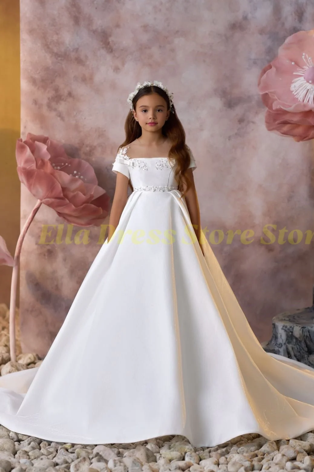 Weiße Blumenmädchenkleider für Hochzeiten, bodenlange Satin-Kleider für Mädchen, Baby-Mädchen-Ballkleid für Fotoshootings, Prinzessinnenkleider für die Erstkommunion – Detail 1