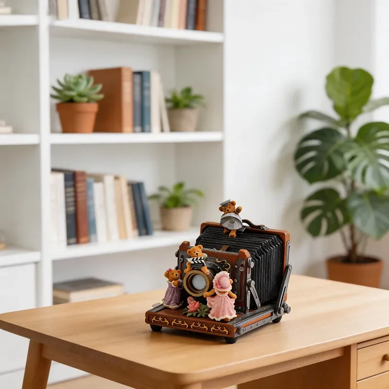 Vintage Resin Camera Music Box Retro Bear Figurine Creative Home Decor Ornament Cute Jewelry Display Stand Nostalgic Gift