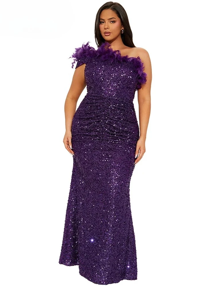 New Luxury Sequined Feather One Shoulder Sleeveless Slanted Collar Backless Purple Long Dress  Women Birthday Party Event Gowns