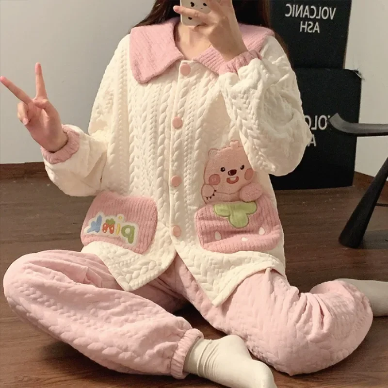 Big Size M-5XL Women Air Cotton Pajamas Set Winter Thick Warm Loose Sleepwear Cartoon Top Pants Home Casual Warm Woolen Suit