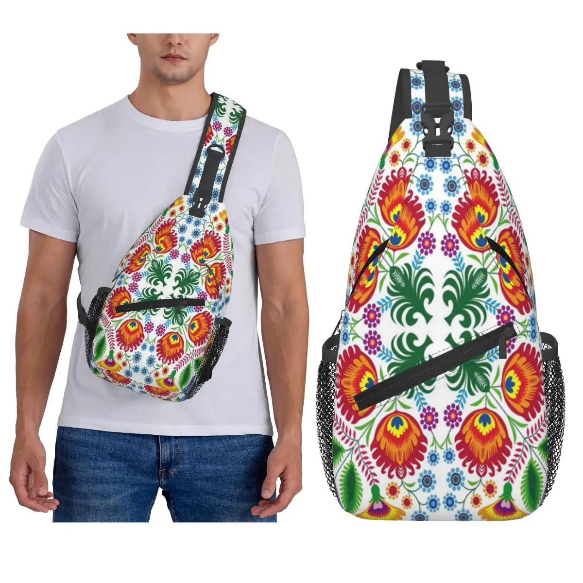 

Poland Folk Flowers Polish Floral Art Chest Bag Men Sling Crossbody Backpack Chest Bag Traveling Hiking Daypack Shoulder Bag