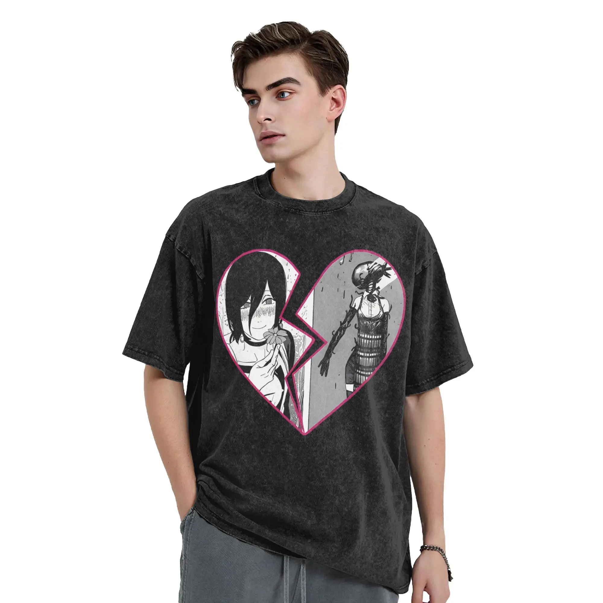Print Heart Breaking Chainsaws Man Reze Vintage Washed T-Shirt Men Cotton Short Sleeve Devil Manga Round Neck Summer Tops Shirts
