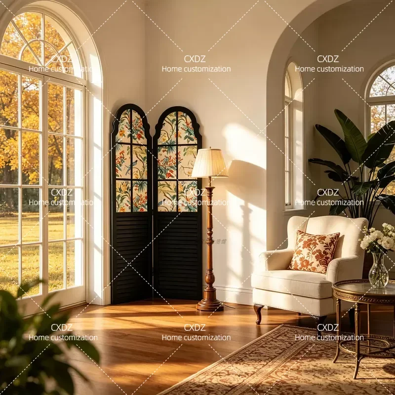 French Medieval Style Retro Solid Wood Folding Screen with Flower and Bird Pattern Mobile Partition for Living Room Entrance