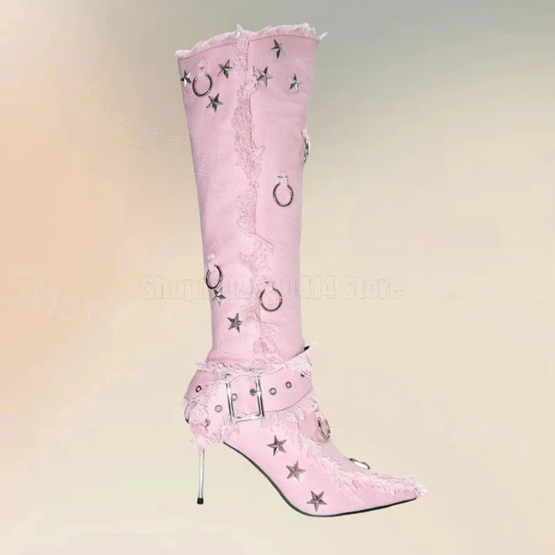 

Star Circle Belt Fastener Pink Pointed Toe Boots Slip On Women Shoes Thin High Heels Novel Party Dating 2025 Zapatos Para Mujere