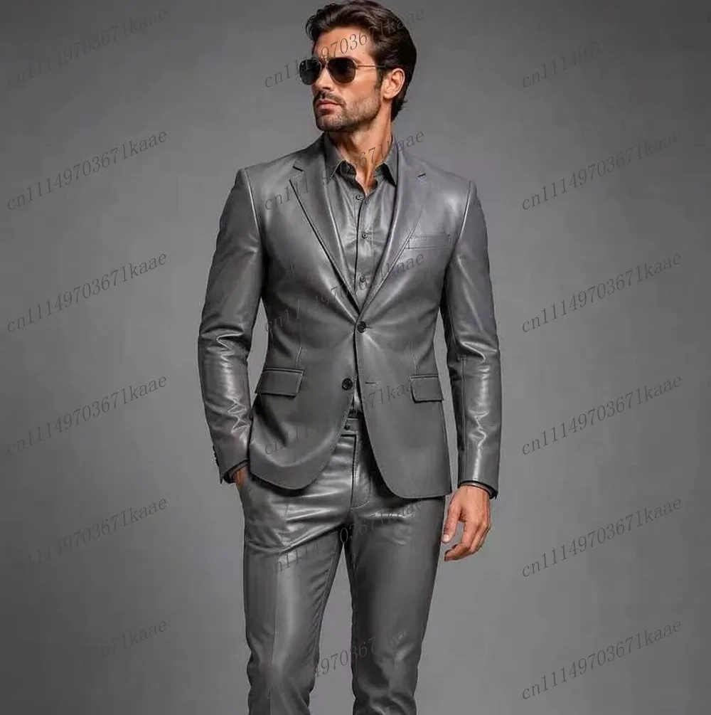 New New Grey Leather Formal Business Men Suit Wedding Party Groom Groomsman Male Tuxedos Costume 2 Piece Set Jacket Pants A1 - Aliexpress Deal