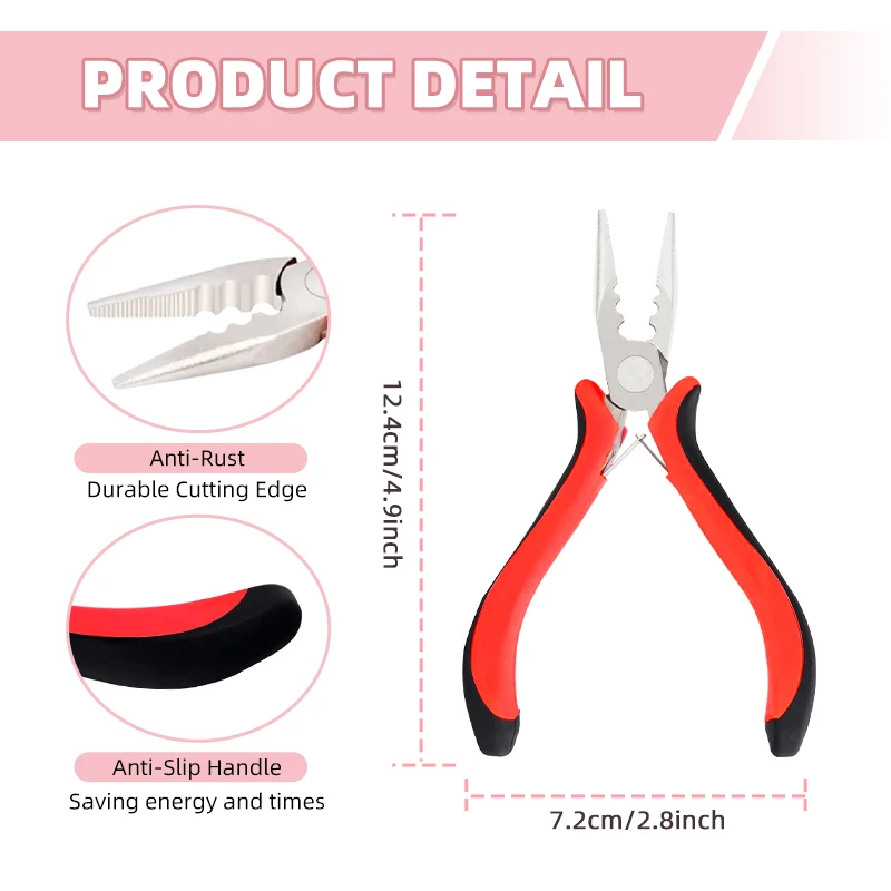 Neitsi 3 Holes Plier Professional Micro Ring Pliers Tools For Keratin Hair Extension Hair Styling Pliers Red/Pink Color