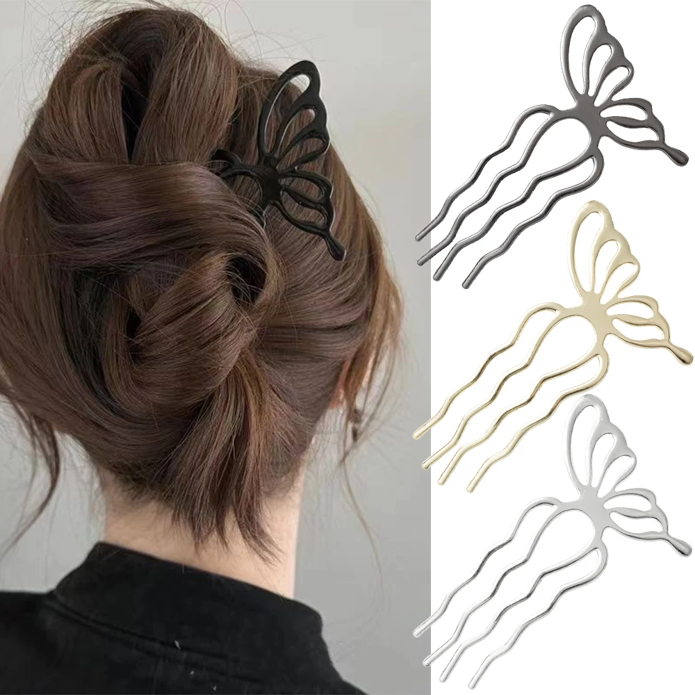 Korean Butterfly U Shape Hair Sticks Hair Bun Comb Clip Metal Hair Stick Hairpin Women Hairpin Fashion Styling Hair Accessories