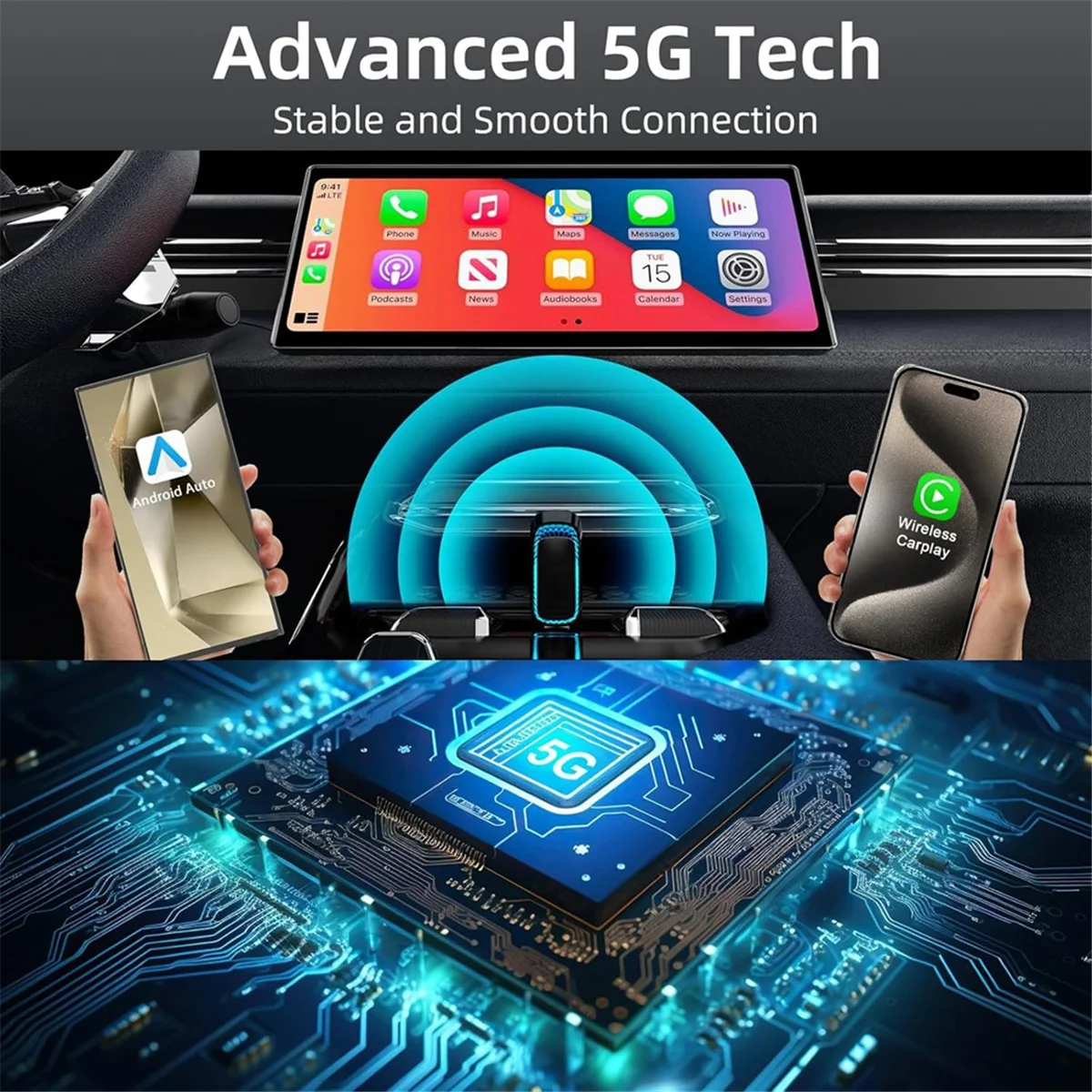 COTS-tWireless Carplay Adapter and Android Auto Wireless Adapter with Ambient Light, CarPlay Adapter for IOS 10+ & Android