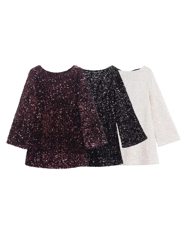 

TRZA Sequined Mini Dress for Women Bow Tied O-Neck Long Sleeve Fashion Female Vestidos Mujer