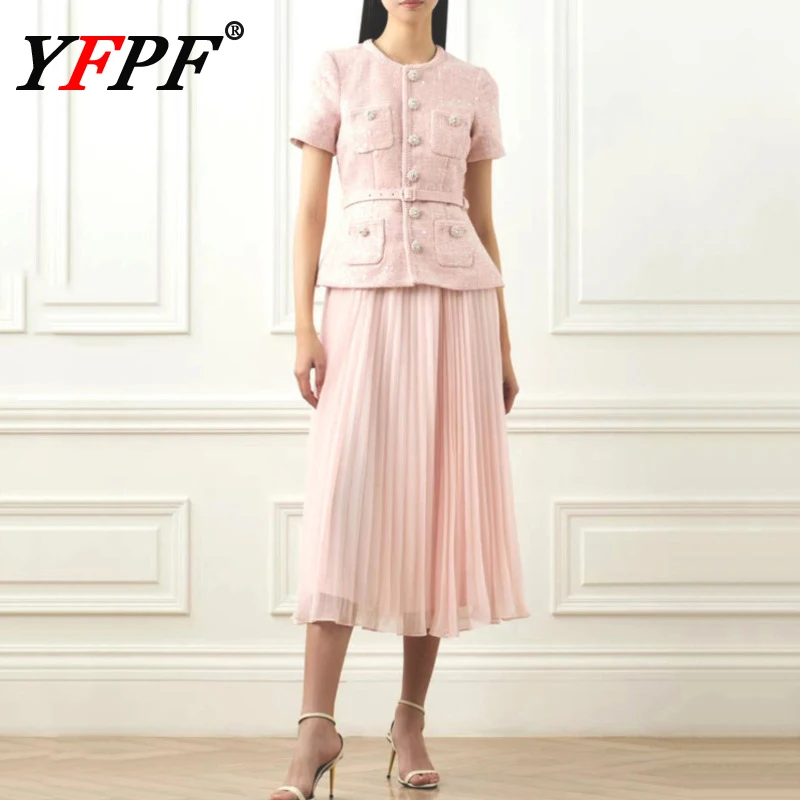 

YFPF Elegant Women Two Piece Set Belt Waist Short Sleeve Tops + Mesh Folds Long Skirt Fashion 2025 Female New Clothing