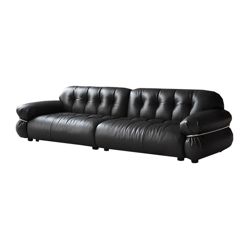 Leather sofa, Italian minimalism, first layer cowhide, living room retro style, steel ring sofa, three people