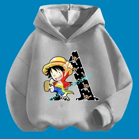 

One Pieces Letter A-Z Hoodie Cartoon Luffy Sweatshirt Suit Teen Hooded Spring Autumn Girls Clothing Anime Kids Clothes Boys Tops