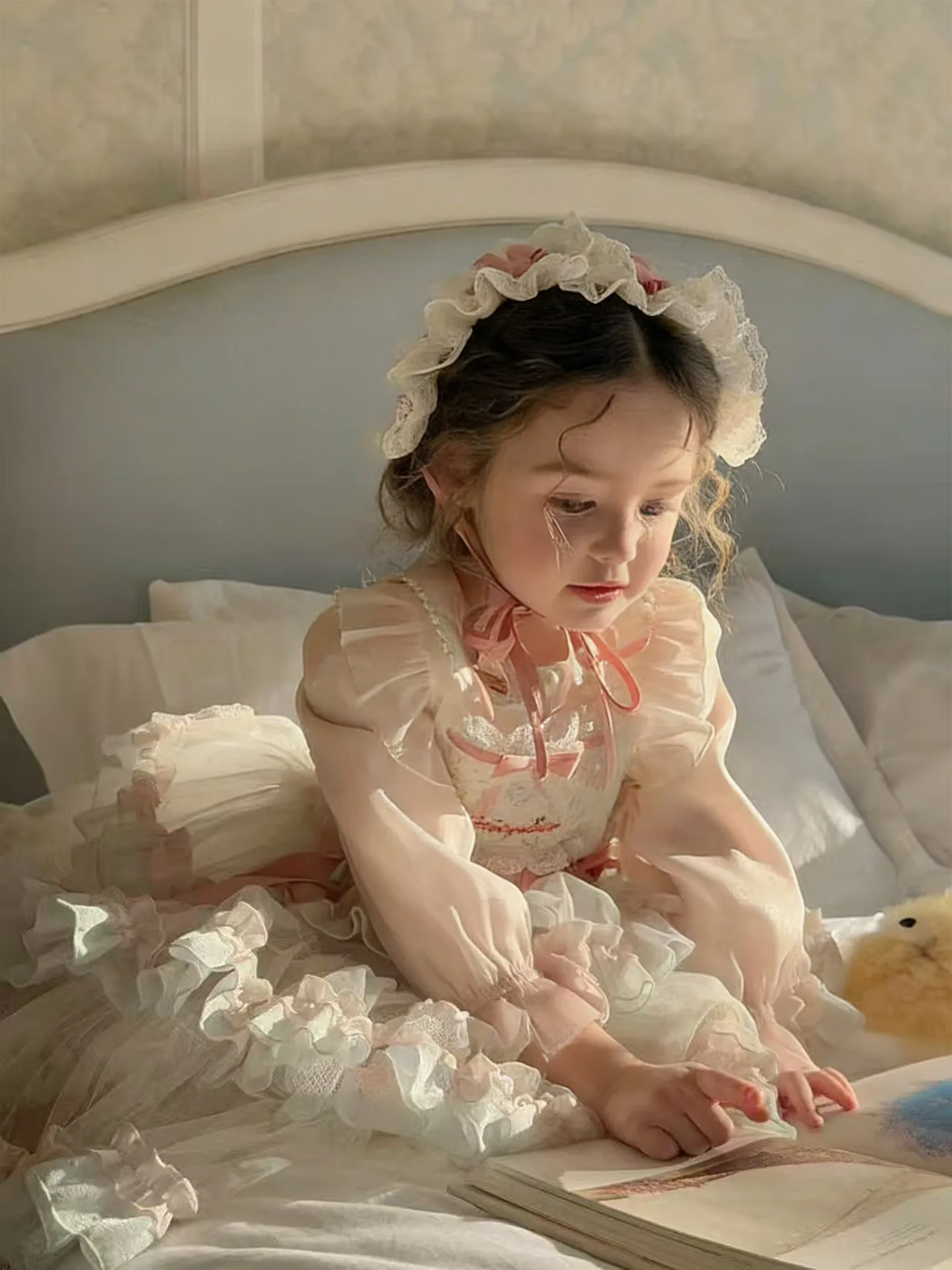 Cute Little Girls Sweet Lolita Princess Dress Spring and Autumn Kids Heavy Embroidery Bow Doll Neck Mesh Ruffle Trim Tutu Gown
