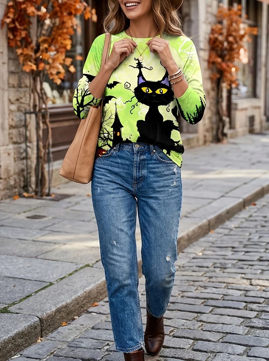 Women's Long Sleeve T-Shirt, Halloween Black Cat With Yellow Eyes Bat Pumpkin Haunted House Print Green Background Graphic Tee, All-Winter Holiday Style Top Suitable For Leisure And Sports Scenarios