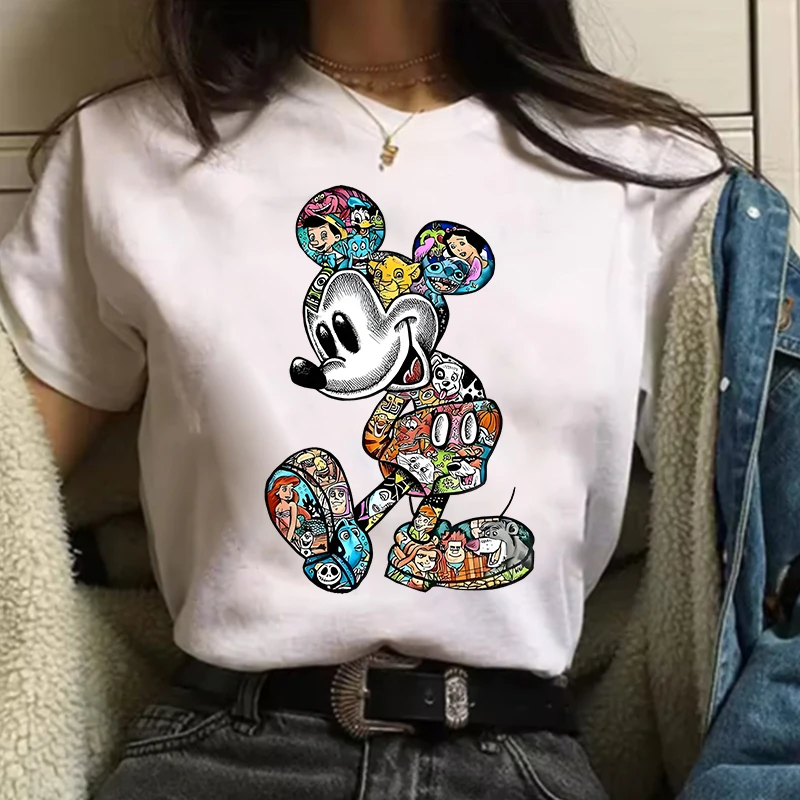 

Women Clothing T Shirt Girl Cartoon Mickey Printed Ladies T-shirt Castle Shirt Kawaii Tee White 90s Funny Casual Disney Clothes
