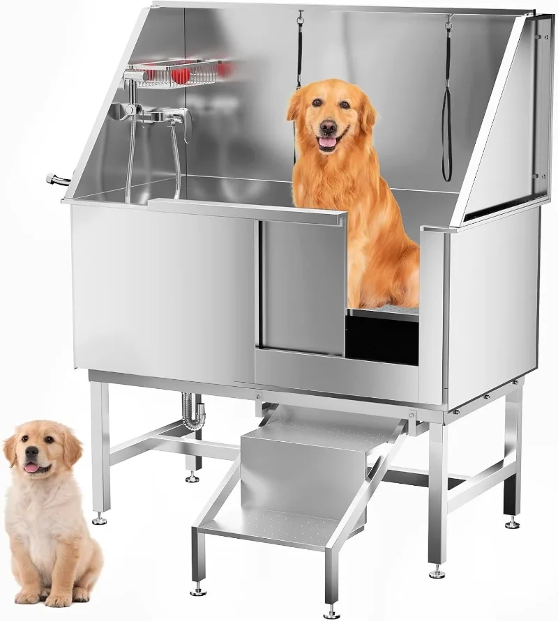 

Commercial stainless steel dog bath station - left non-slip staircase, large pet and small pet wash tub