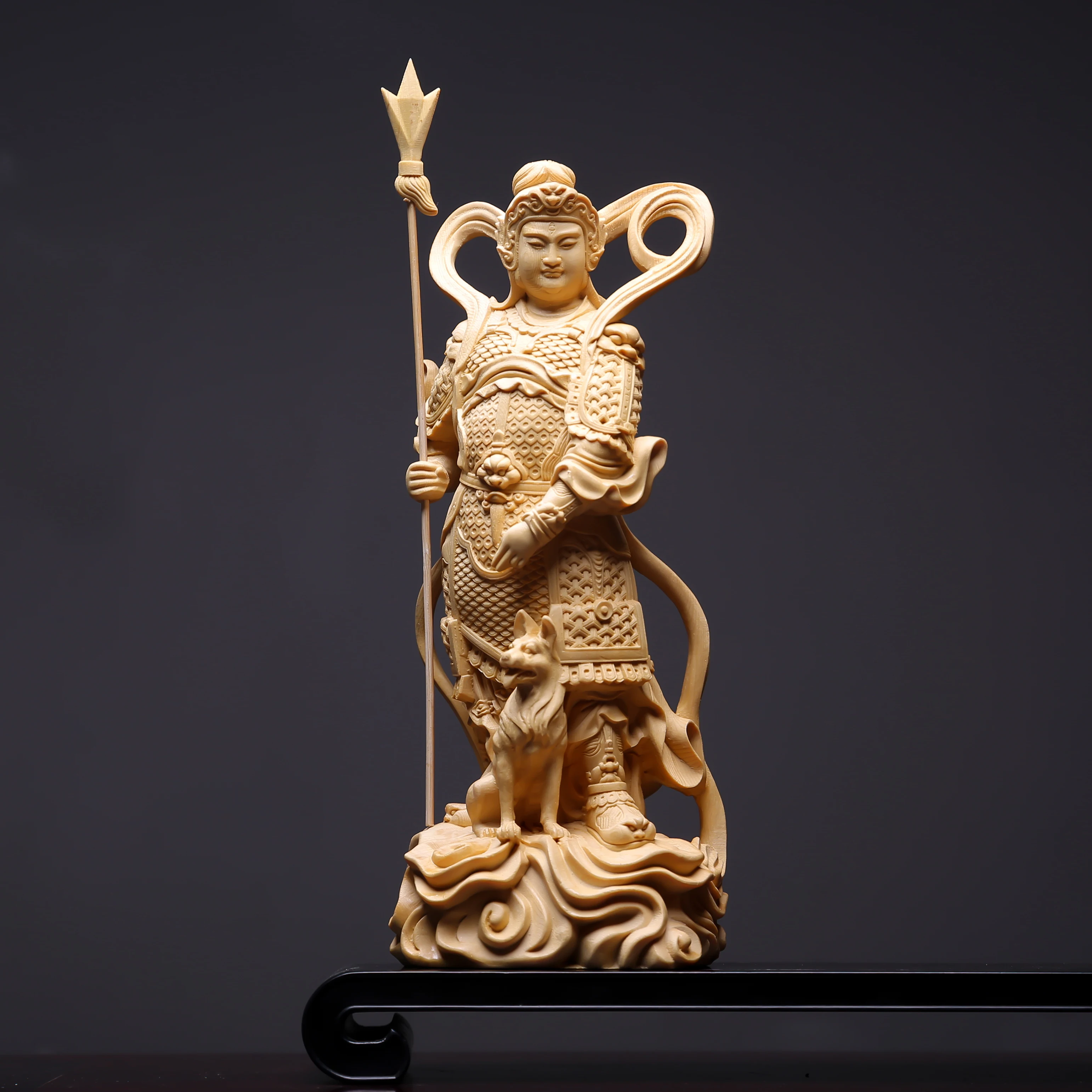 Hinoki Cypress and Boxwood Carved Erlang Shen Yang Jian Statue with Hound Celestial Protector God Sculpture for Living Room