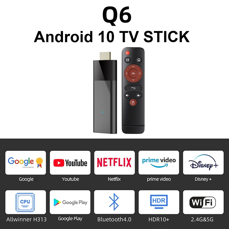 Global version Q6 TV Stick Android10 Support 6K Allwinner H313 Dual WIFI BT5.0 Chromecast Voice assistant Home Theater Streaming