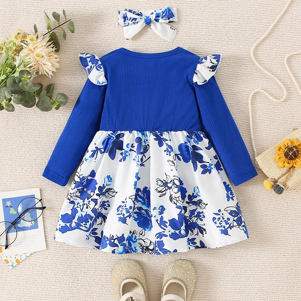 Spring And Autumn New Blue Long Sleeve Baby Girl Dress, Small Floral Clothes For Children Aged 6 Months To 3 Years