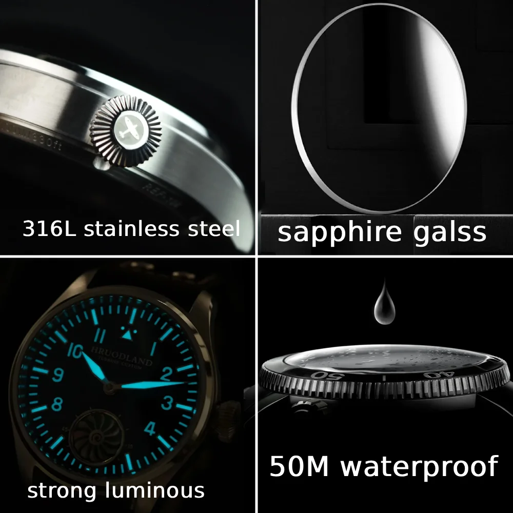 Hruodland Pilot St3620 Retro Men\'s Manual Mechanical Watch Luxury Sapphire Bgw-9 Night Light Turbine Waterproof 5Bar Reloj Hombr