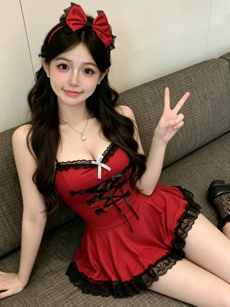 

Low Cut Lace Splice Knot Dress Women's Slimming Sexy Summer Short Skirt Sweet Style Casual Pure Color Midi Dress